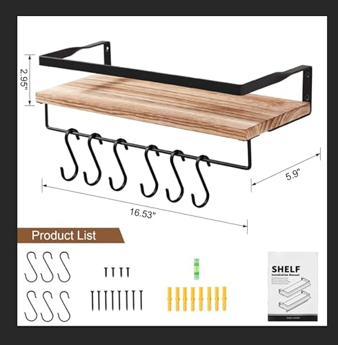AGM Wandregal Holz 2er Set mit Handtuchhalter, schwimmende Regale Wand aufbewahrungs Regal Hängeregal Ideal für Badezimmer Küche Wohnzimmer Büro Schlafzimmer