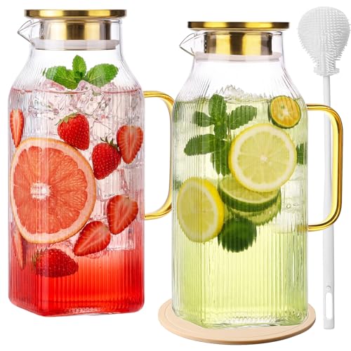 2 Pack 68oz/2 Liter Square Glass Pitcher with Handle and Lid, Classic Stripes Glass Water Pitcher with Handle for Fridge, Iced Tea, Coffee, Borosilicate Glass Carafe for Hot/Cold Brew Drink