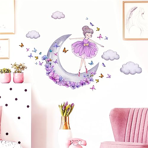 Lovely Purple Moon Girl and Clouds Butterfly Vinilo Decorativo miniatura 2