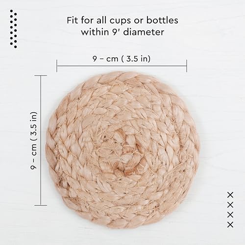 Image of Encasa XO Drink Coasters Set of 6 | Jute Natural Bleach Color with Round Size 9 cm | Handcrafted Style Jute | Absorbent & Heat-Resistant | Use for Tea, Coffee Table & Desk