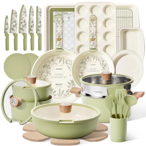 Image of CAROTE 42pcs Ceramic Cookware Set, Pots and Pans Set with Detachable Handle | Baking Pans Set, Knife Set, Non Stick, Induction Compatible, Dishwasher&Oven Safe, Space Saving, for Kitchen /RV /Camping Green