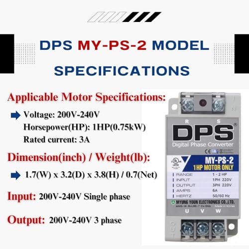 Image of DPS Single to 3 Phase Converter, My-PS-2 Model is Used for a 1HP(0.75kW) 3Amps 200-240V 3 Phase Motor, Input /Output 200V-240V, UL /CE Certified