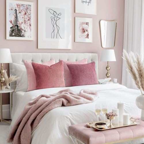 Image of Topfinel Pink Throw Pillow Covers 16x16 Inch Set of 4,Soft Farmhouse Corduroy Decorative Cushion Cover,Square Cute Pillow Case for Gril's Bedroom Couch Sofa Living Room,Spring Series Home Decor