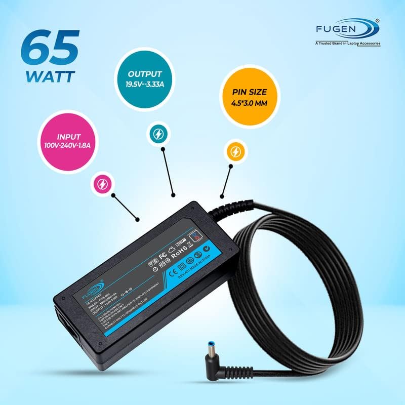 Image of Fugen Laptop Adapter Charger 65w 19v 3.33a Bluetip for H-P 15-bs541tu, 15-bs541ur, 15-bs542tu, 15-bs542ur, 15-bs543tu, 15-bs544tu, 15-bs544ur (W /O Power Cable)