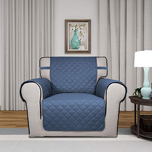 Image of PureFit Reversible Quilted Sofa Cover, Water Resistant Slipcover Furniture Protector, Washable Couch Cover with Non Slip and Elastic Straps for Kids, Dogs, Pets (Chair, Dark Blue /Light Blue)