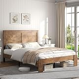 SAMTRA Wooden Bed Frame Queen Size with Headboard, Farmhouse Platform Bedframe with Wood Slat Support, Sturdy Framework Bed Frame, Easy Assembly (Rustic Brown)