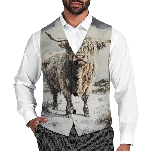 Portrait of Highland Cow Men's Suit Vest Slim Fit V-Ncek Waistcoat Business Casual Vest