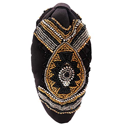 Bead Embroidered Headbands For Women Hand Sewing Glass Bead Floral Embellished Hairbands Knotted Wide Turban Headband Fashion Hair Accessory (Color G) #TOP14