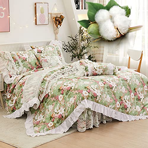 Fadfay French Country Bedding Set Twin Cotton Girls Floral Duvet Cover 4 Piece- White Lace Luxury Princess Dust Ruffle 18'' Split Corner Bed Skirt #TOP4