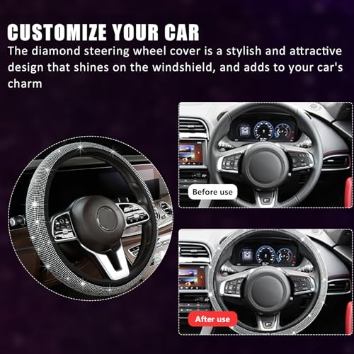 Ziciner Bling Car Steering Wheel Cover, Crystal Glitter Rhinestone Wheel Protector for Vehicle, Universal Automotive Interior Decorative Accessories with Start Button Starter Ring (White) - Thumbnail 4