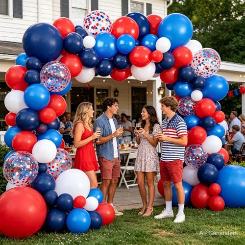 Image of Zesliwy Red Blue White Balloon Arch Kit,Navy Pearl Blue Dark Blue Red White Balloons Garland with Confetti for 4th of July Patriotic Day Anniversary Nautical Graduation Birthday Party Decoration