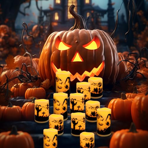 Image of fclayvts 12-Pack Halloween LED Flameless Pillar Candles - Battery Operated with Remote & Timer, Flickering Warm Light, Witch /Bats /Castle Decals - Spooky Halloween Decor, Ghost Party Supplies, Gifts