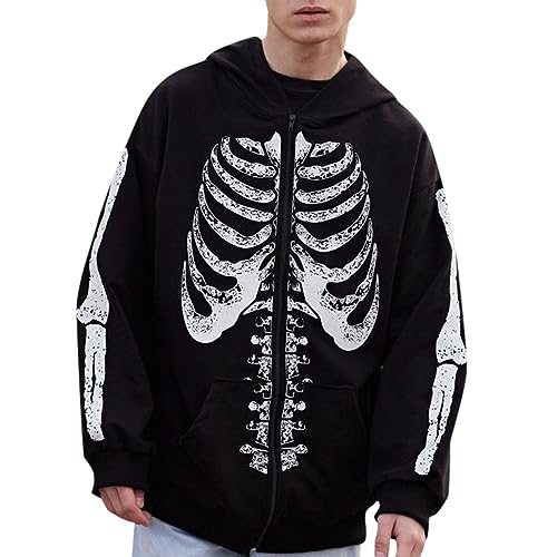 Image of Mens Hoodies Zip Up Distressed Skeleton Rib Cage Casual Hooded Sweatshirts
