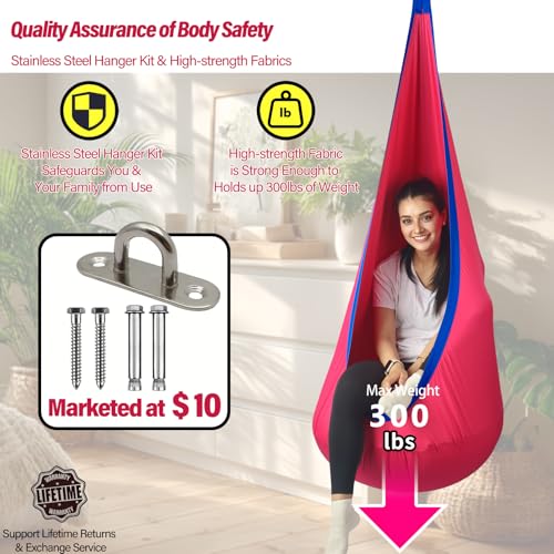HiChrote Kids Pod Swing Seat, Max 300 Lbs, Child Sensory Swing Chair Indoor & Outdoor Therapy Hammock Chair with Hanger Kit for Calming, Effect for Autism, ADHD or SPD. (Cranberry) - Image 5