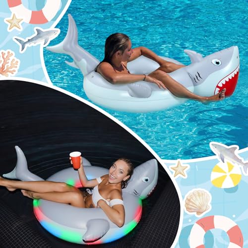 Teyva Daily Shark Inflatable Pool Float with Lights Solar Powered Shark Pool Floaties for Adults 67" Large Swim Tube Ring LED Glow in The Dark Swim Float for Summer Water Beach Lounge Party Supplies - image 7