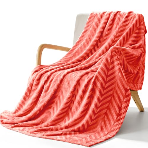 Whale Flotilla Flannel Fleece Throw Blanket for Couch Sofa Bed, Lightweight Breathable Soft Throws Plush Fluffy Chevron Design Decorative Blankets for All Season, 50x60 Inch, Coral