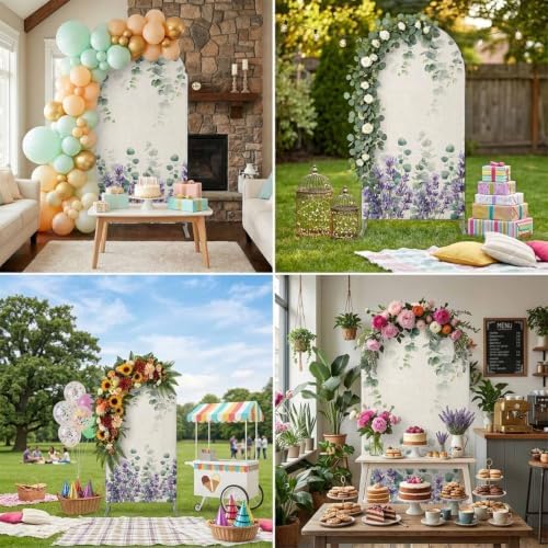 Watercolor Plants Arch Backdrop Cover 4 ft Green Leaves Lavender Flowers Linen Texture 2 Sided Wedding Arch Covers Stretchy Backdrop Round Top for Birthday, Party, Baby Shower Decorations — view 7