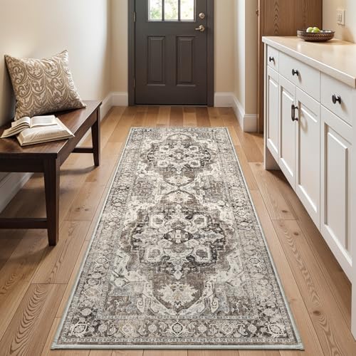 YOUFORTONG 3x6 Washable Kitchen Runner: Soft Hallway Runners Non Slip Floor Mat with Rubber Backing for Bedroom Entryway Indoor Vintage Carpet Runner (Beige, 3x6)