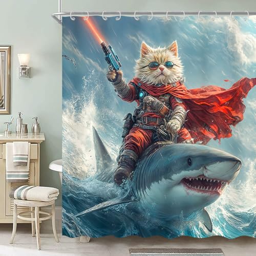 Funny Cool Humor Shower Curtain for Men Adults, Ocean Summer Cat Riding Shark Animal Bath Curtain, Beach Blue Waves Kids Boys Nautical Coastal Waterproof Polyester Bathroom Bathtub Decor,36X70IN