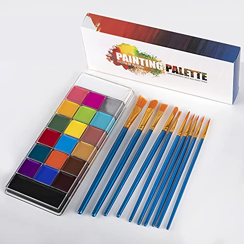 Wofo 20 Colors Cosplay Painting Face Makeup Body Paints Kit Palettes For Party Sfx Arty Stage Makeup Halloween Face Paint World Cup (10 Professional Brush,20 Colors Paint ,30 Stencils) #TOP3