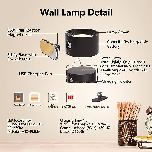Image of Deyagoo LED Wall Sconce, Wall Mounted Lamp with Rechargeable Battery Operated 3 Color Temperature & 3 Brightness Level 360Rotate Magnetic Ball, Cordless Wall Light for Reading Bedside-White
