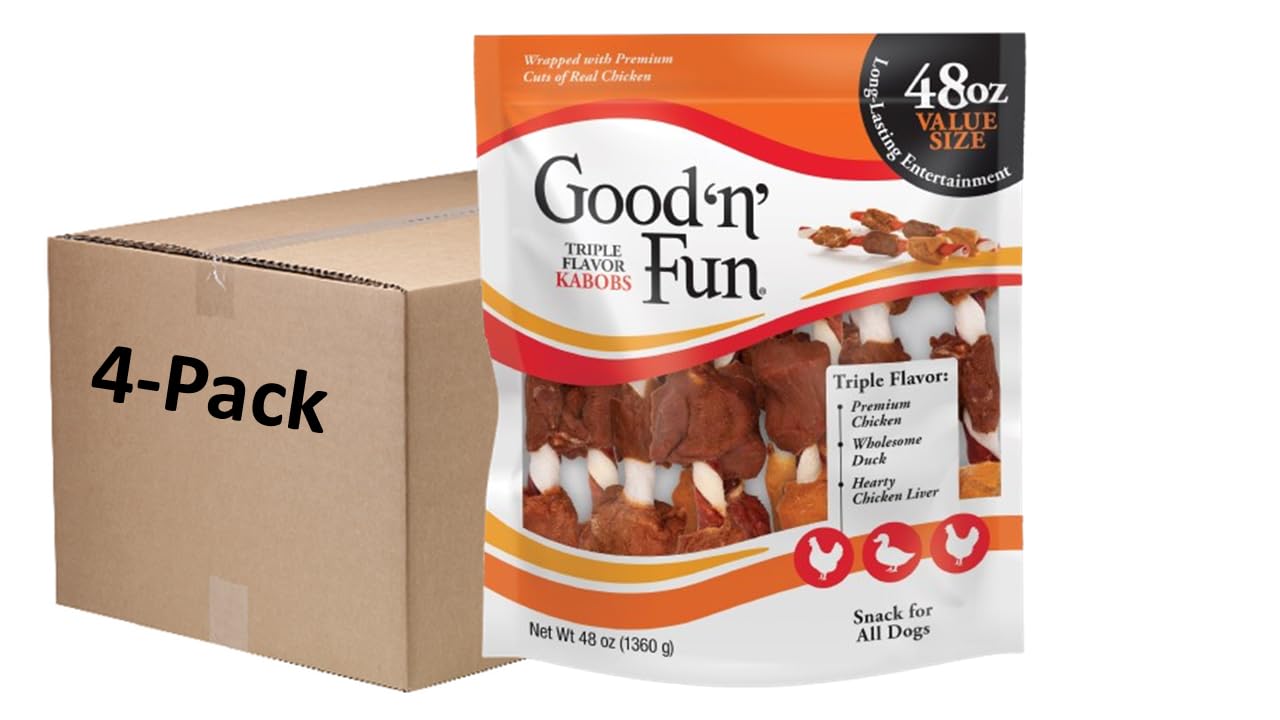 Good ’n’ Fun Triple Flavor Kabobs 48 Ounce, Rawhide Snack for All Dogs, 48 Oz (Pack of 4)
