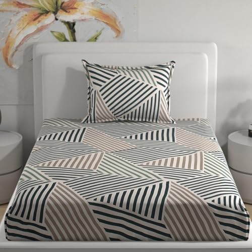 Image of Florida Beige Geometric Triangle Printed Single Bedsheet with 1 Pillow Cover, 150 TC Polycotton Bed Sheet (160 x 228 cm)