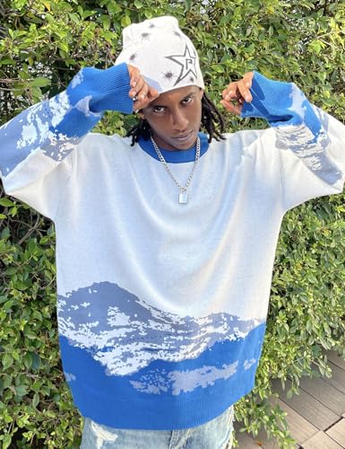 Gihuo Mens Sweater Vintage Cow Printed Sweater Pullover Sweaters Crewneck Oversized Kawaii Sweater Knit Tops Jumper4