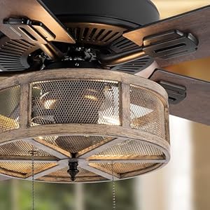 RIVER OF GOODS 52 Inch LED Modern Farmhouse Ceiling Fan with Light Rustic Ceiling Fans with Lights Elegant Industrial Fan with Mesh Metal Caged Shade Brown