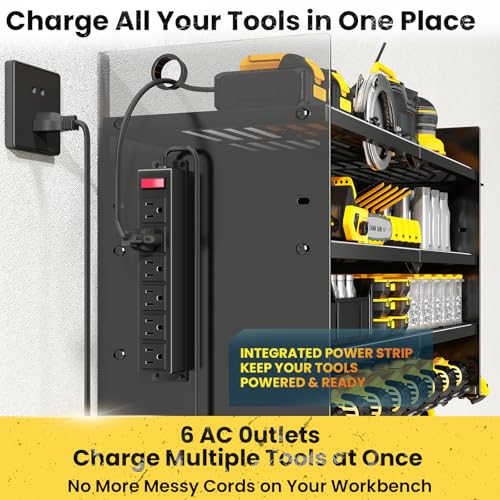 Image of Hipidian Adjustable Power Tool Organizer Wall Mount with Charging Station - 650lb Capacity 4 Layer Heavy Duty Storage Rack with 8 Drill Holders for Garage Workshop Tools, Gifts for Men
