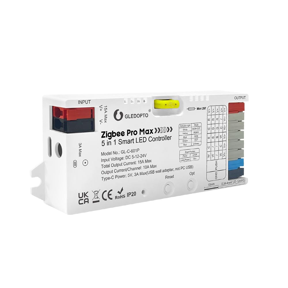 GLEDOPTO ZigBee 3.0 LED Strip Light Controller Pro Max 5 in 1 RGBCCT RGBW RGB CCT Dimmer Monochrome Color White Light Mix PWM Dimming 20A Pluggable Fuse App Voice Control (ZigBee Hub Require)