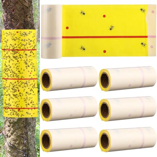 Qualirey 6 rollos de trampas para moscas de 30 pies cada rollo, tiras adhesivas de pegamento para frutas al aire libre, cinta desechable para interiores, hojas de papel para proteger árboles (amarillo