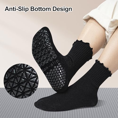 Image of Yoga Socks Non Slip Grips Anti Skid Women Athletic Socks Pilates Ballet Barre Crew Socks Ruffle Cuff 2 Pairs