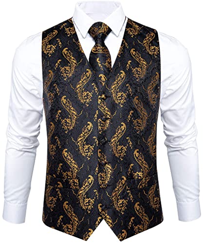 Image of DiBanGu Mens Paisley Vest Silk Sleeveless Suit Vest and Neck Tie Pocket Square Cufflinks Set for Wedding Formal