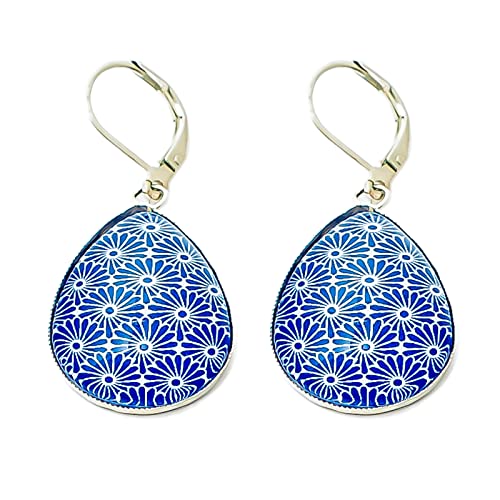Boucles d'oreilles dormeuse goutte, marguerite japonaise bleu, acier inoxydable argent