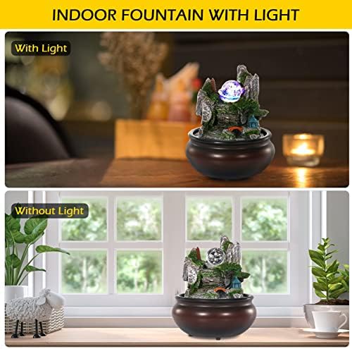 Dyna-Living Tabletop Water Fountain,Environmental Resin Meditation Fountain,Desktop Fountain,Indoor Waterfall Feature with Crystal Ball and Light for Home Office Decor Relaxation 6.3''X6.3''X7.9''