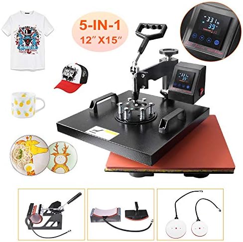 Power Heat Press Machine 15" X 15" Professional Swing Away Heat Transfer 5 in 1 Digital Sublimation 360-Degree Rotation Multifunction Combo for T-Shirt Mugs Hat Plate Cap Upgrade LED Control Box