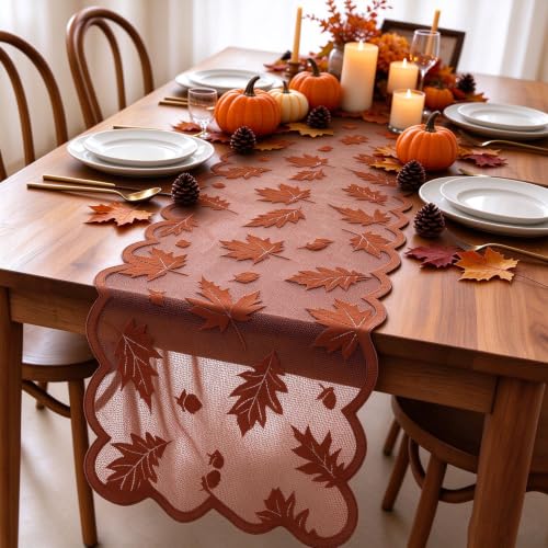 71x14in Thanksgiving Harvest Themed Lace Table Runner & Maple Leaf Prints - image 1