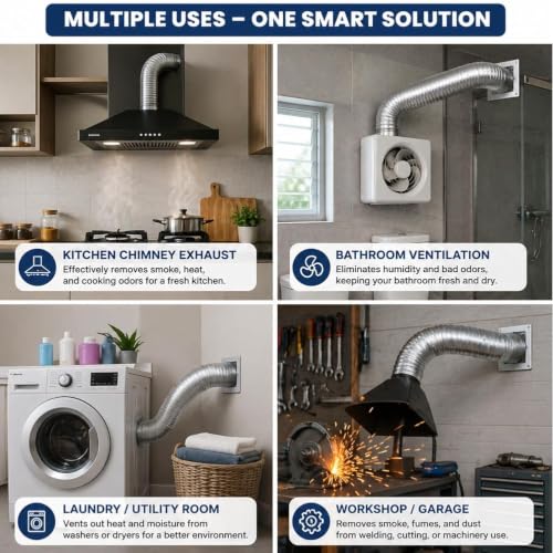 Image of Flexible Chimney Pipe with Cowl For Kitchen | Aluminium Exhaust Pipe | Complete Installation Kit with Cowl Cover, 2m Tape, and 2 Clamp | Fits For Multi Brands (4 Inch-10 Feet Pipe)