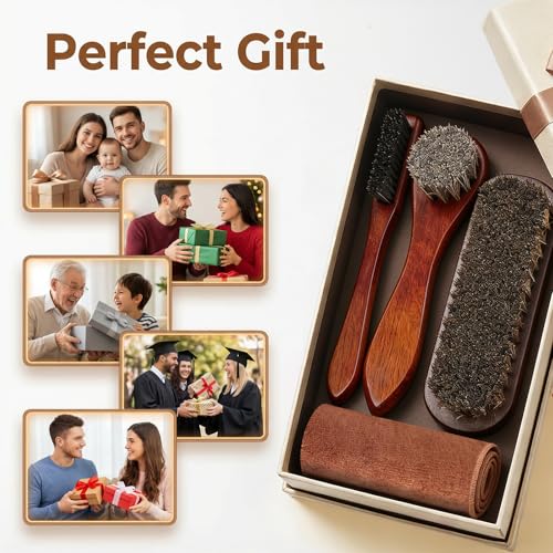 msymsyu 3 sztuki szczotki z końskiego włosia, 100% szczotka do butów, z okrągłym włosiem, mała szczotka do butów, z uchwytem z drewna bukowego, brązowa, zaprojektowana do butów, torebek i mebli