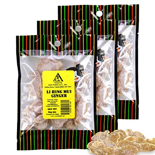 Asia Trans Li Hing Mui Dried Ginger Candy - Crystallized and Preserved Asian Fruit Slices with Plum Powder - Fresh-Packed Chews with Light Sugar - Instant Relief for Sore Throat and Nausea (3/2.5 oz) Asia Trans Li Hing Mui Dried Ginger Candy - Crystallized and Preserved Asian Fruit Slices with Plum Powder - Fresh-Packed Chews with Light Sugar - Instant Relief for Sore Throat and Nausea (3/2.5 oz)