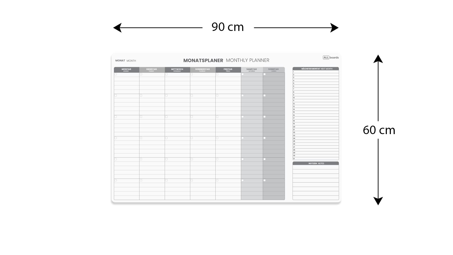 ALLboards Magnetischer Monatsplaner 90x60cm für Monatsplanungen, Wochenplaner Wandkalender Memoboard Magnettafel auf Deutsch