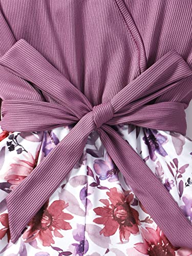 Soly Hux Girl's Floral Print V Neck Belted Cami Romper Ruffle Trim Wide Leg Shorts Jumpsuit Purple 150 #TOP3