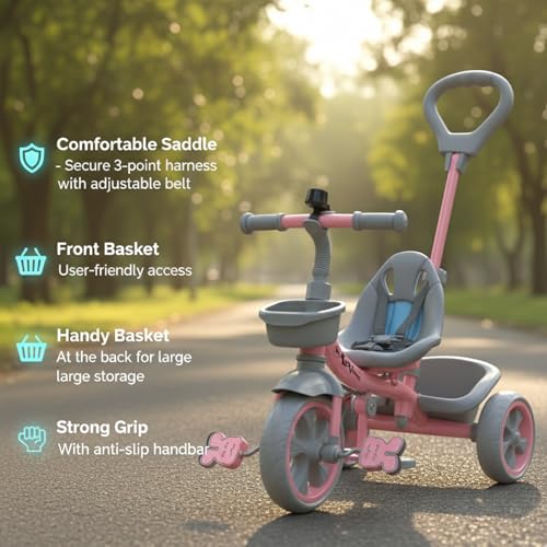 Image of Tricycle for Kids, with Parental Control, Tricycles for Kids 2 to 5 Years Boys and Girls, Cycle for 1+ Children, Bike with EVA Tech Wheels, Super, Baby Pink