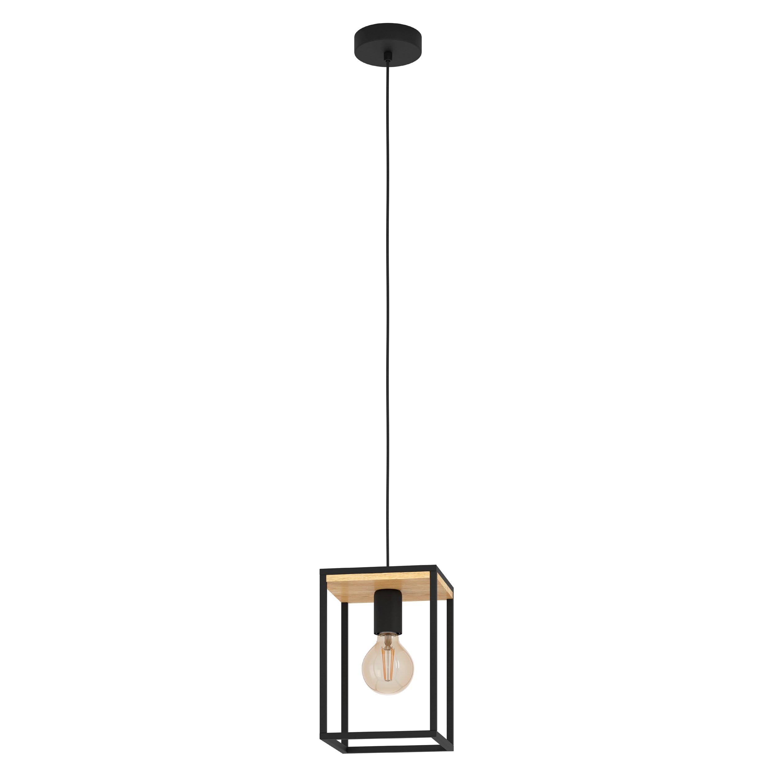 Eglo Suspension luminaire Libertad, lustre chambre en métal noir et bois | naturel, plafonnier salon ou salle à manger, douille E27