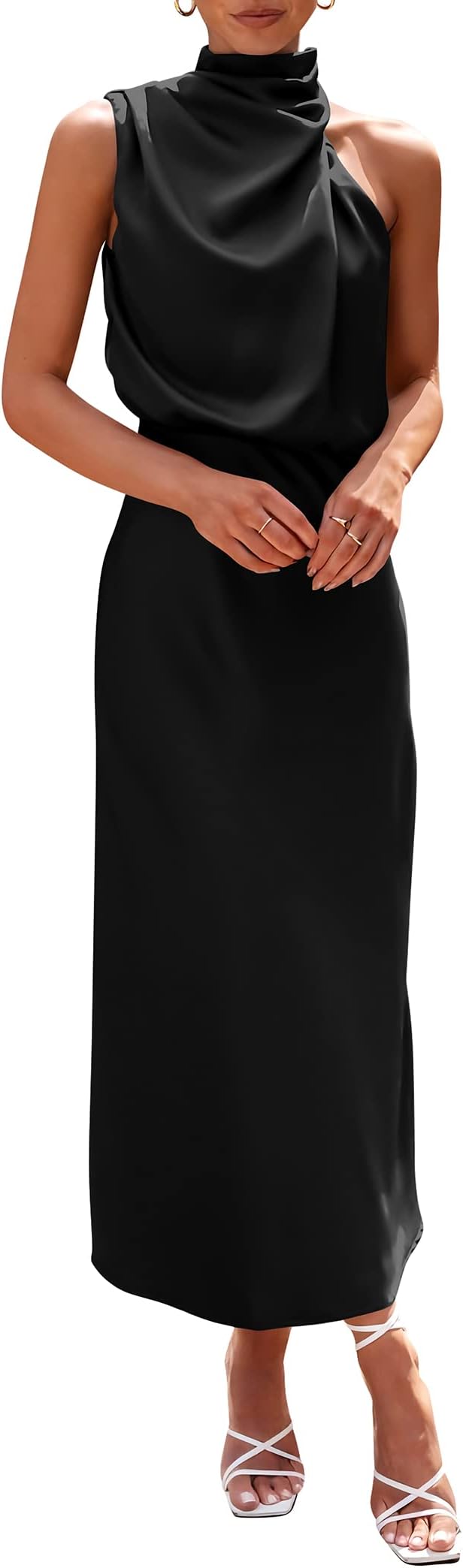 Women's 2026 Summer Satin Dress Elegant Sleeveless Mock Neck Cocktail Party Maxi Dresses