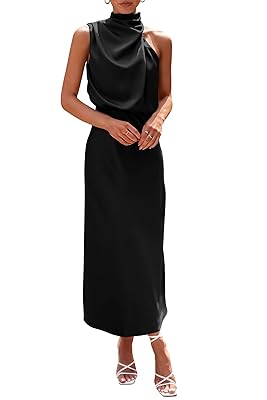 PRETTYGARDEN Women's 2025 Summer Satin Dress Elegant Sleeveless Mock Neck Cocktail Party Maxi Dresses