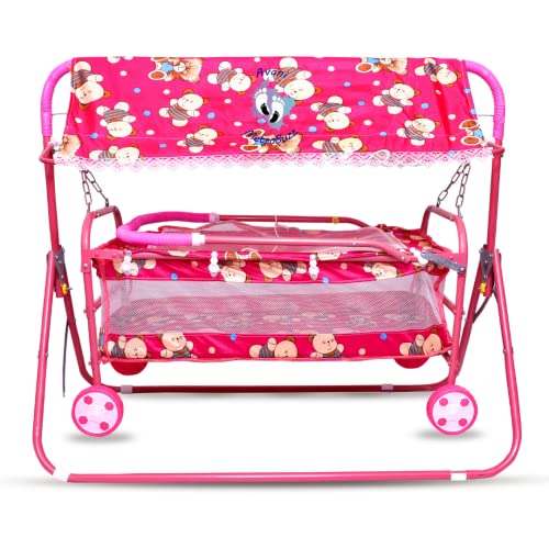 Image of Avani MetroBuzz Baby Swing Mosquito Net Jhula Palna Stroller Swing for Born Baby 1-2 Years Babies-Newborn Baby Cotton Baby Sleep Baby Bedding Swings with Wheels (Pink)