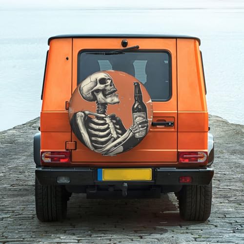 Image of Drinking Skeleton Spare Tire Cover, Universal Wheel Tire Cover Funny Skull Skeleton Tire Protectors for Trailer RV SUV Truck Camper 14 Inch