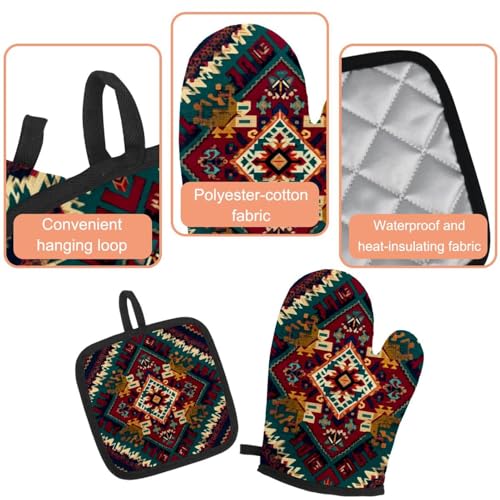 Ensemble de gants de cuisine au style rétro bohème, textile résistant et durable